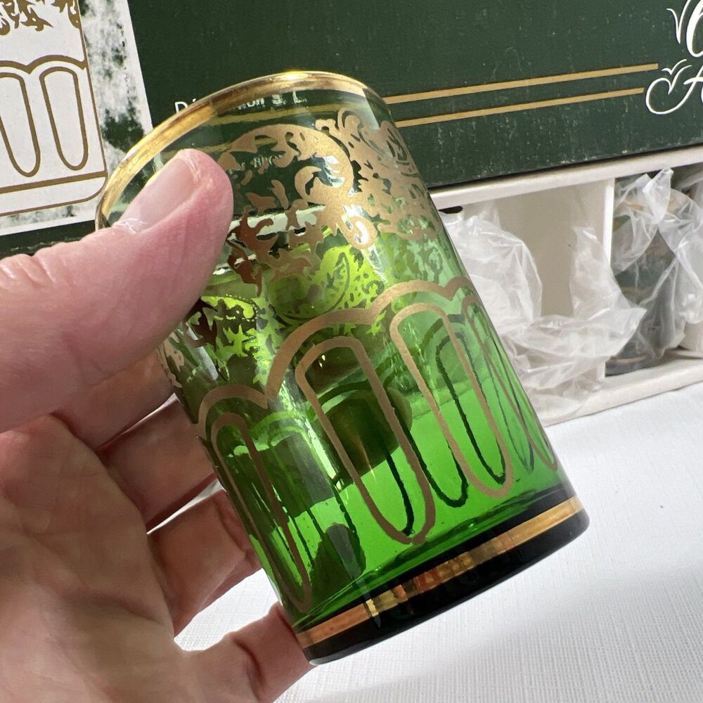 Vintage - 6 Emerald Green Moroccan Tea Glass Set • Gold Filigree - NEW - Picture 5 of 7